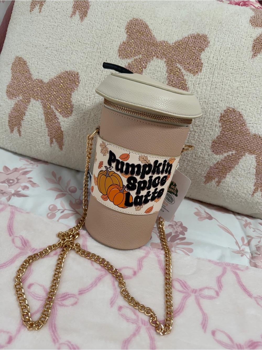 Pumpkin Spice Latte Cup Crossbody Bag - Beige with Gold Chain
